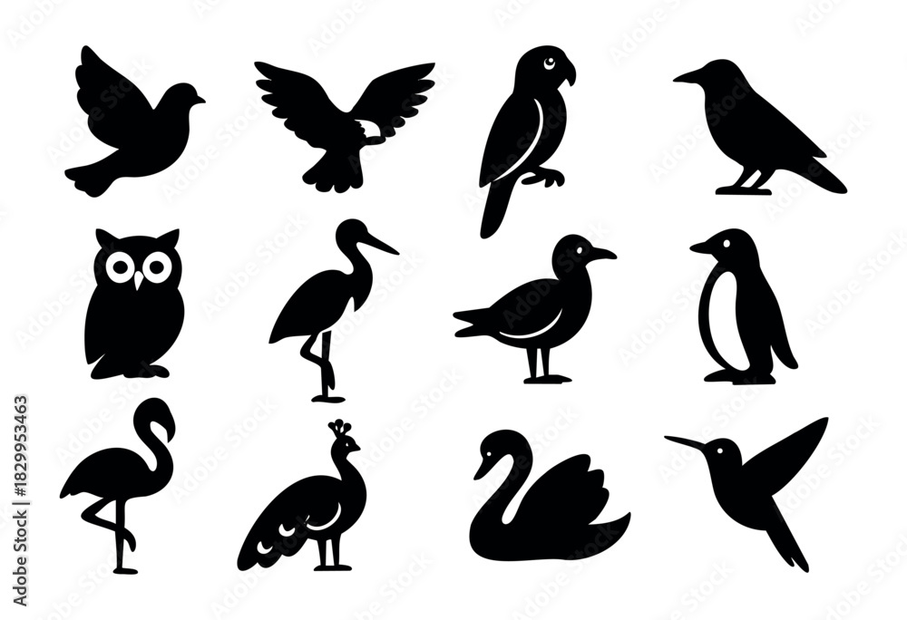 Fototapeta premium Birds Silhouette icon set — various bird species from around the world in silhouette — stock vector.