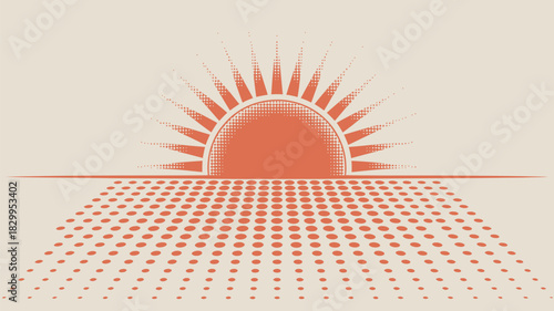 Orange halftone sunburst over a dotted horizon line on a light beige background in a retro style art