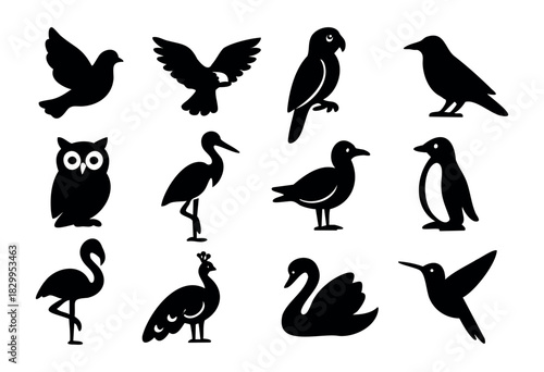 Birds Silhouette icon set — various bird species from around the world in silhouette — stock vector.