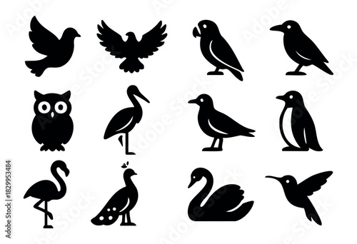Birds Silhouette icon set — various bird species from around the world in silhouette — stock vector.