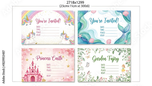 Charming birthday party invitation templates with unicorn, mermaid,fairy Generative AI