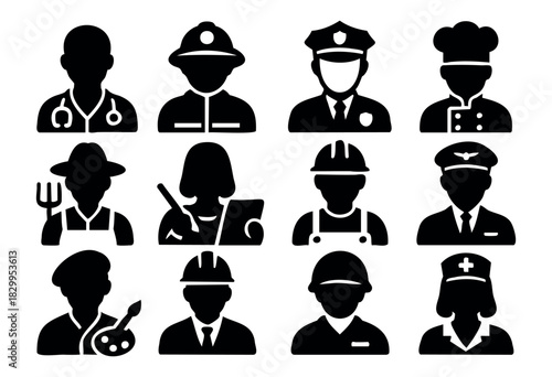 Professions & Occupations icon set — silhouettes of people in various jobs and careers — stock vector.