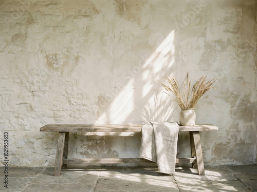 rustic wooden bench with vase of dried flowers against a textured wall