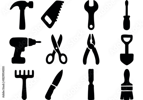 Tools Silhouette icon set — a collection of various hand and power tool silhouettes — stock vector.