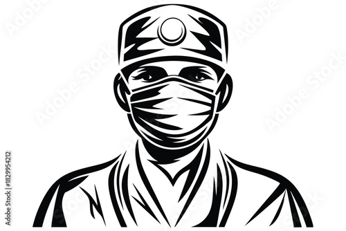 Focused doctor wearing surgical cap and face mask gazes forward in black and white