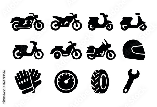 Motorcycle icon set — various types of motorbikes, scooters, and rider gear silhouettes — stock vector.
