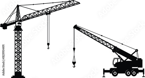 Tower crane and mobile crane silhouette illustration, heavy lifting equipment, construction machinery, industrial work scene, vector isolated graphic