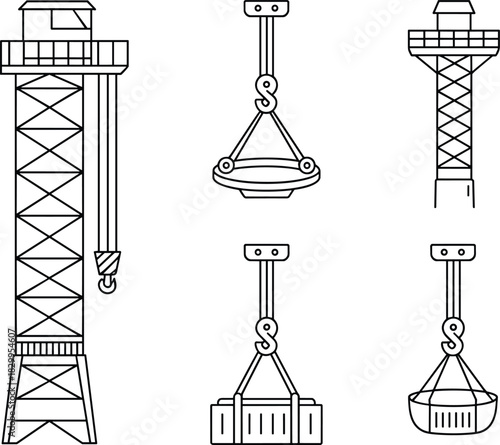 Tower crane vector illustration, industrial lifting equipment, construction hoist machine, cargo load system, heavy duty engineering outline icon design