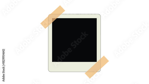 A blank polaroid frame with a black center attached to a white background with tan tape pieces