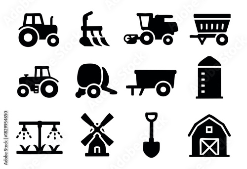 Farming Machinery icon set — various agricultural vehicles and equipment silhouettes — stock vector.
