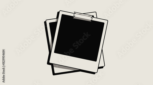A stack of three polaroid photographs with tape on a light background in a simple cartoon style