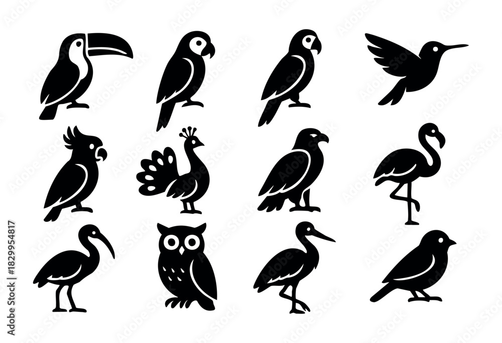 Naklejka premium Exotic Birds icon set — a collection of tropical and wild bird silhouettes — stock vector.