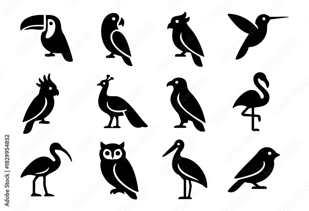 Naklejka premium Exotic Birds icon set — a collection of tropical and wild bird silhouettes — stock vector.