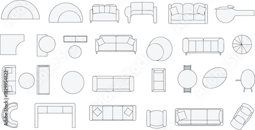 Top view of modern sofa and table furniture set layout, interior design plan elements, couch and seating arrangement for architectural floor plan illustrations