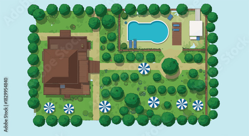 Top view tropical resort layout, swimming pool, bungalow, garden path, sun umbrellas, vacation villa plan, lush green trees, outdoor relaxation, holiday escape blueprint