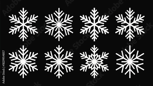 A pattern of eight white snowflakes arranged on a black background in a symmetrical grid pattern design