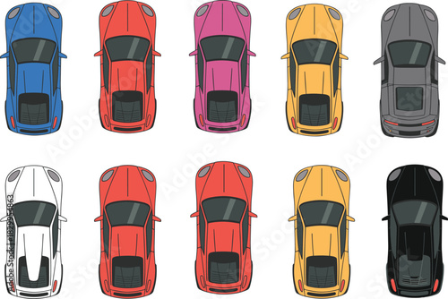 Top view vector illustration of sports cars in various colors, automotive design, modern vehicle lineup, isolated car graphic set