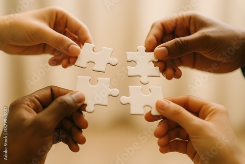 Diverse hands holding white puzzle pieces, symbolizing teamwork and collaboration in problem-solving and connection. Concept of unity and shared goals in personal and professional contexts.