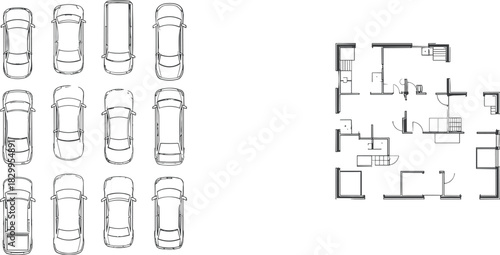 Top-down illustrations of cars and a floor plan layout, showcasing detailed vehicle designs and architectural elements for stock photography, ideal for transport and real estate themes