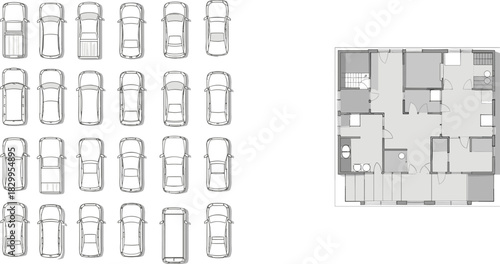 Top-down view of cars parked in a grid formation next to a detailed floor plan of a modern residential layout, showcasing both vehicle and architectural design