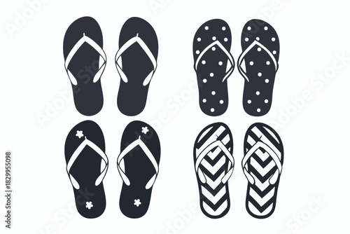 Four pairs of flipflops display distinct patterns in a clean, monochromatic black and white style