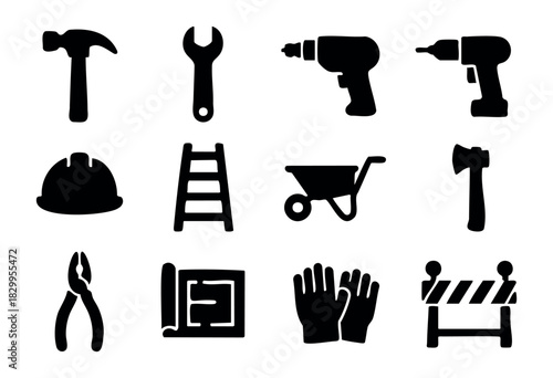 Construction Tools icon set — a collection of solid icons for building, repair, and DIY projects — stock vector.