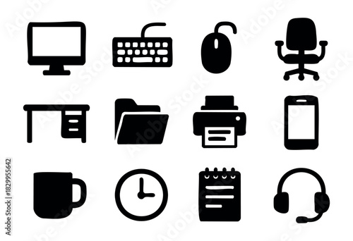 Office & Business icon set — a collection of solid icons for the workplace, stationery, and equipment — stock vector.