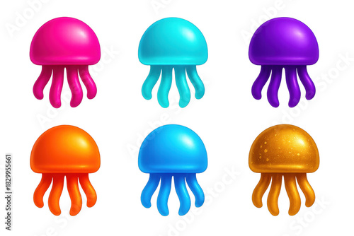 Variety of colorful jellyfish, each with a different color and pattern