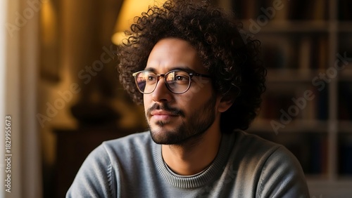Thoughtful young man with curly hair and glasses gazes out a window with warm lighting