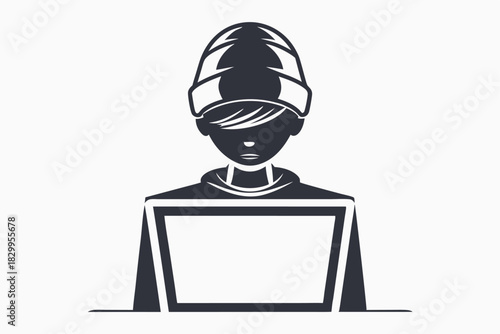 Hacker with beanie types on the keyboard in front of code fragments