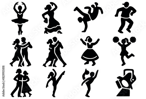 Dancing Styles silhouette icon set — figures of dancers in various styles like ballet, ballroom, and hip hop — stock vector.