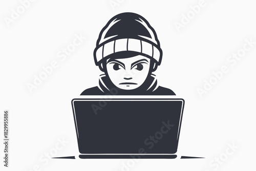 Hacker with beanie using laptop computer suggests cyber crime incident alert now
