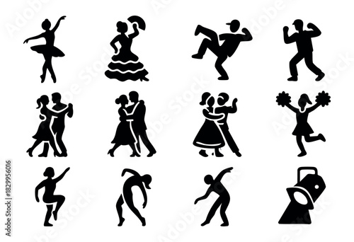 Dancing Styles silhouette icon set — figures of dancers in various styles like ballet, ballroom, and hip hop — stock vector.