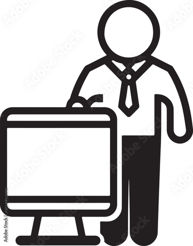 Black and white icon of a person in a shirt and tie standing next to a computer monitor business work