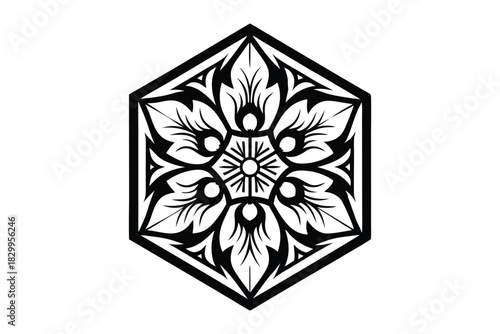 Hexagonal frame holds intricate floral patterns with radial symmetry in a stark black and white