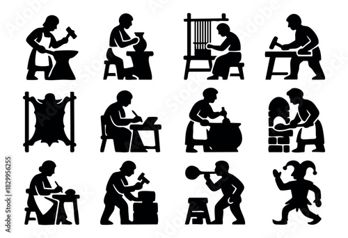 Medieval Artisans & Occupations icon set — silhouettes of historical workers and craftsmen from the Middle Ages — stock vector.