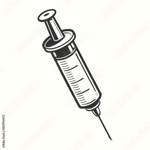 Highly detailed monochrome syringe appears ready for an injection, displaying distinct measurements