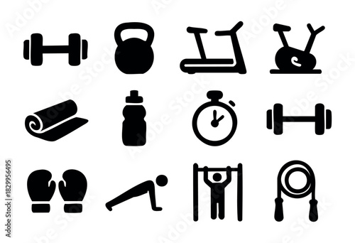 Gym & Fitness Equipment icon set — solid icons for workout, training, and exercise — stock vector.