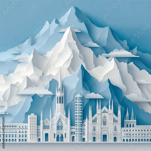Detailed paper-cut artwork blending iconic Milan architecture with Dolomite mountains, creating a serene winter landscape in layered pastel tones. Vector illustration
