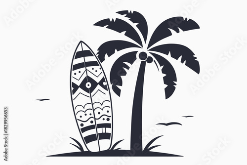 Illustrated surfboard leans against a palm tree, exhibiting island beach life scene