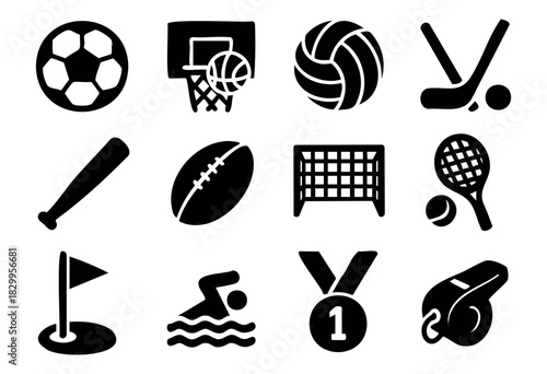 Team Sports Equipment icon set — a collection of solid icons for various popular sports and games — stock vector.