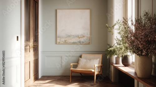 Corner of a room with a wooden floor and a large window on the right side. the walls are painted in a light blue color and there is a wooden door on the left side of the image.