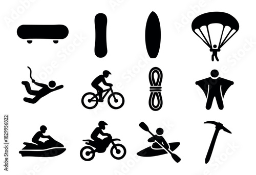 Extreme Sports & Adventure icon set — silhouettes of athletes in high-adrenaline activities — stock vector.