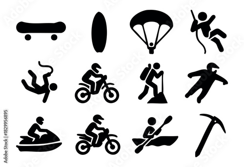 Extreme Sports & Adventure icon set — silhouettes of athletes in high-adrenaline activities — stock vector.