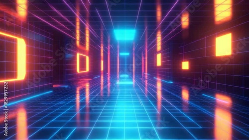 Wallpaper Mural Futuristic Neon Corridor With Blue and Orange Glowing Walls Torontodigital.ca