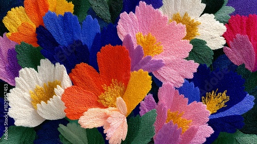 Colorful abstract flowers in artistic embroidery style high resolution picture