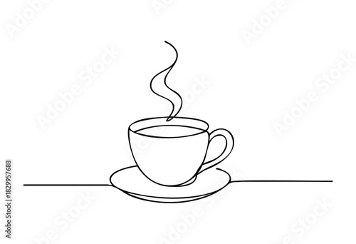 Coffee Cup one line drawing — a continuous line art illustration of a steaming hot cup of coffee or tea — stock illustration.