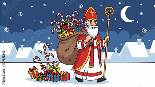 Saint Nicholas Character Delivering Gifts and Candy Canes on a Snowy Winter Night