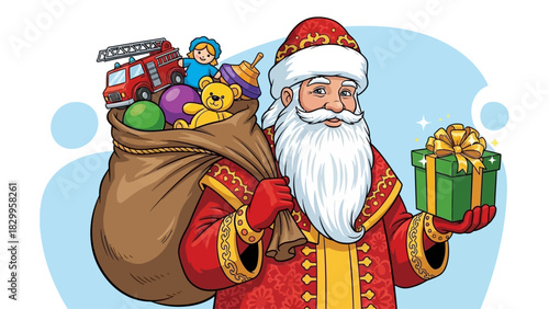 St Nicholas Sinterklaas Cartoon Character with Sack Full of Gifts and Presents