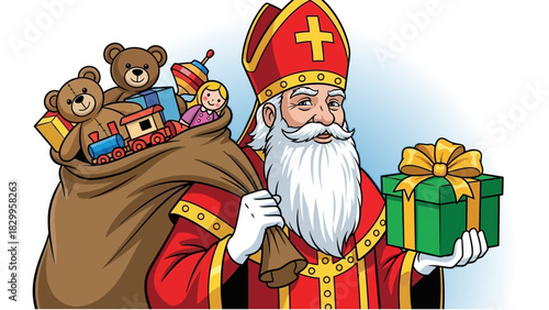 Saint Nicholas Sinterklaas cartoon character with sack of toys and gift box illustration